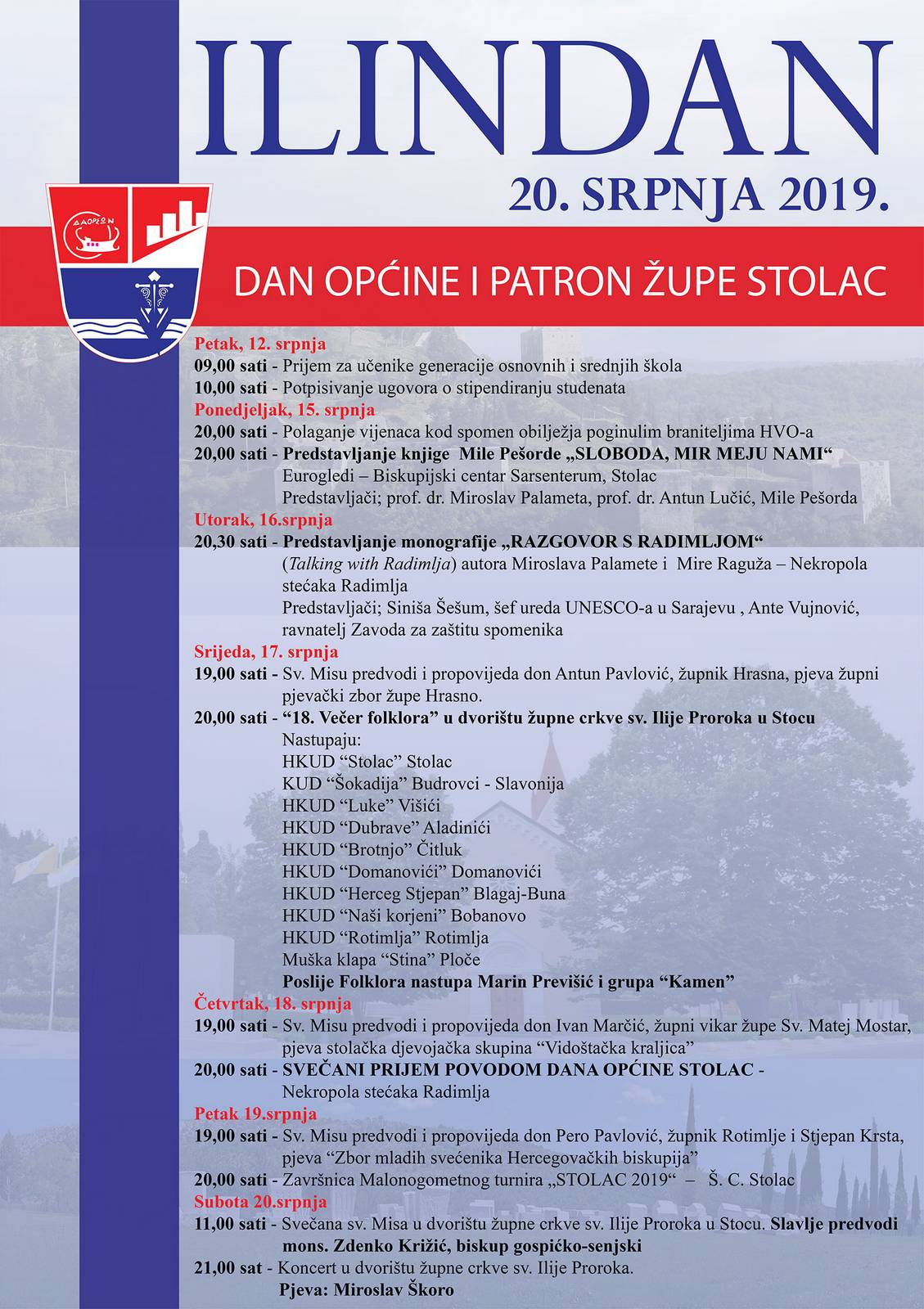 Program Ilindanskih svečanosti u Stocu 2019. Program Ilindanskih svečanosti u Stocu 2019.