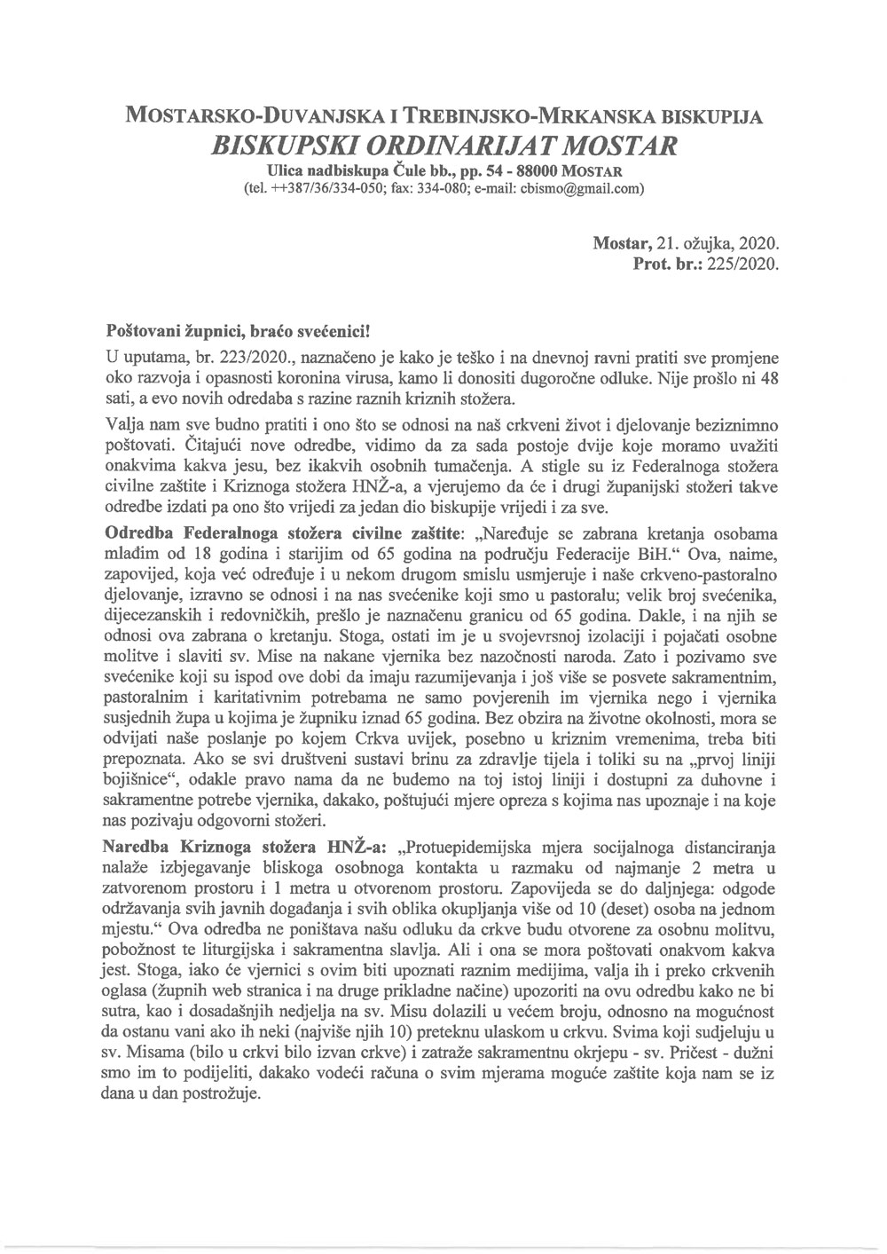Daljnje upute msgr. Ratka Perića u prigodi pandemije koronavirusa