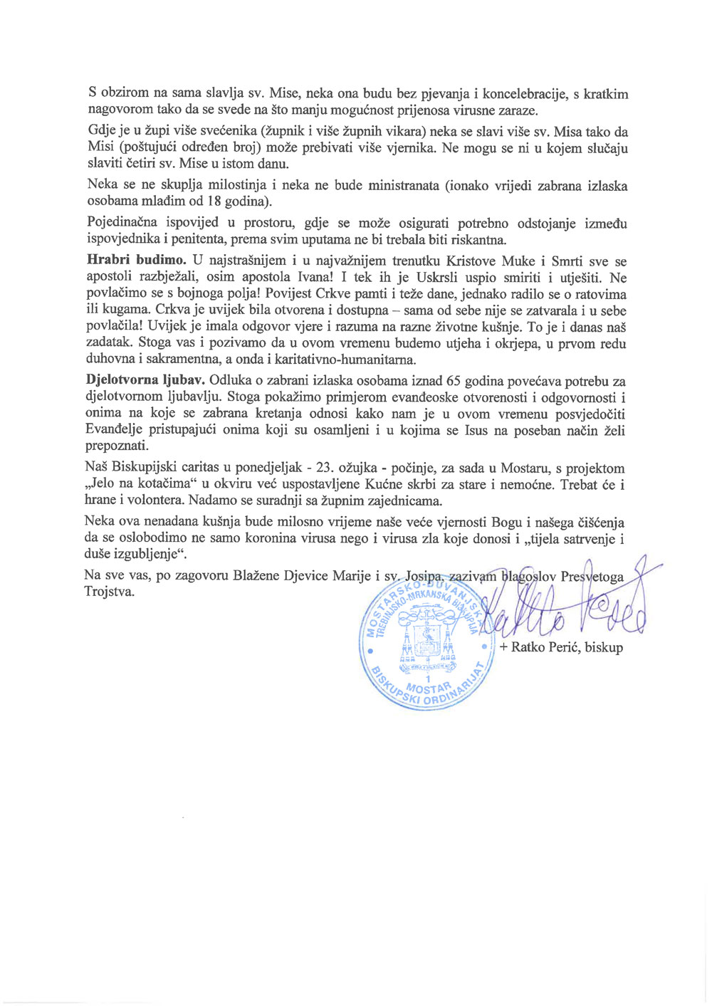 Daljnje upute msgr. Ratka Perića u prigodi pandemije koronavirusa